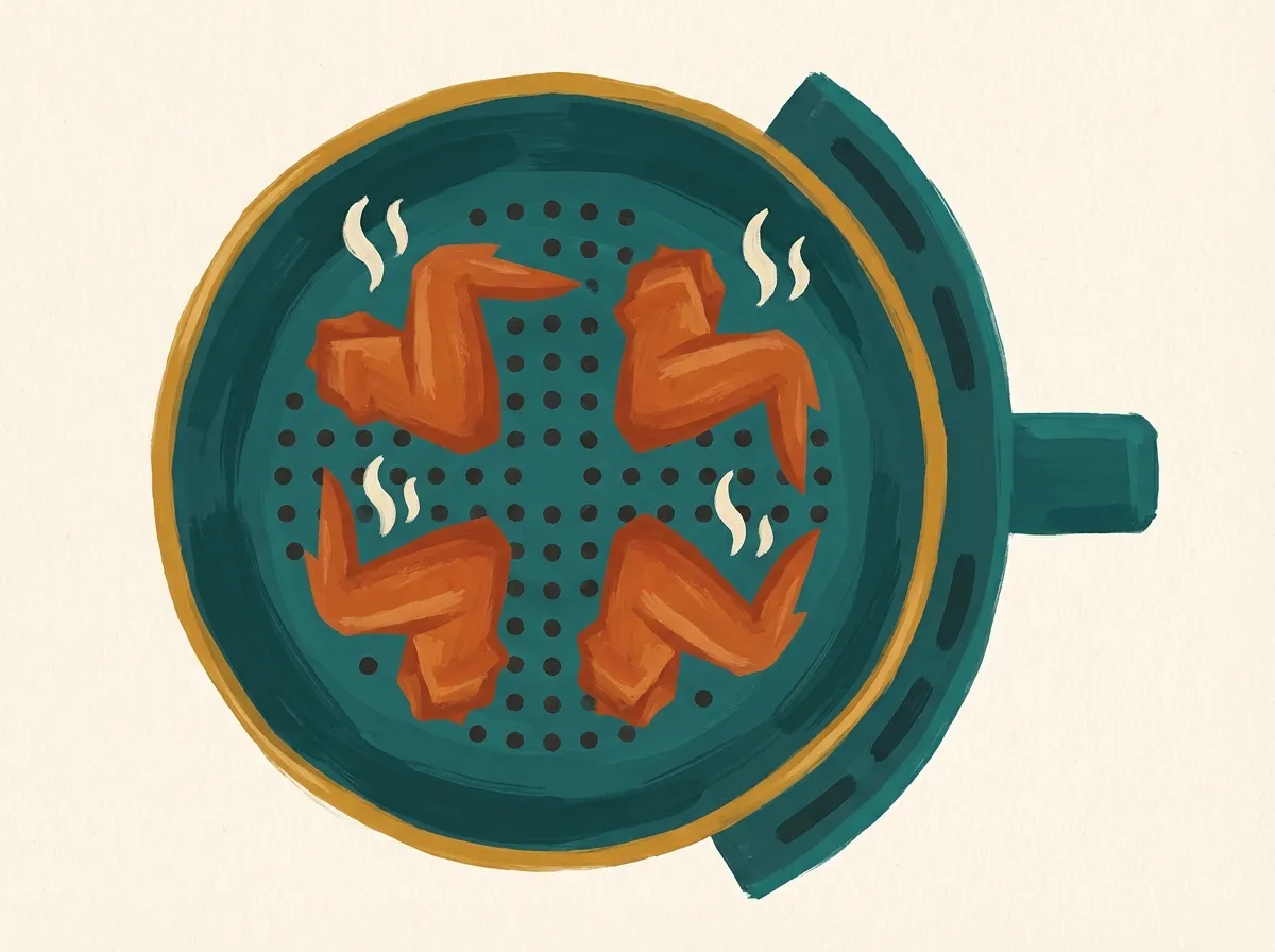 Overhead view of four chicken wings in a single layer with space between them in an air fryer basket