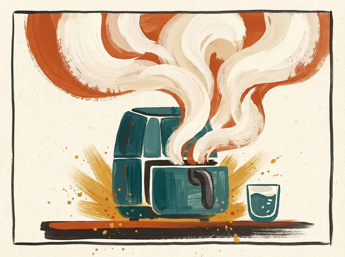 Air fryer with smoke billowing out, a glass of water beside it showing the fix