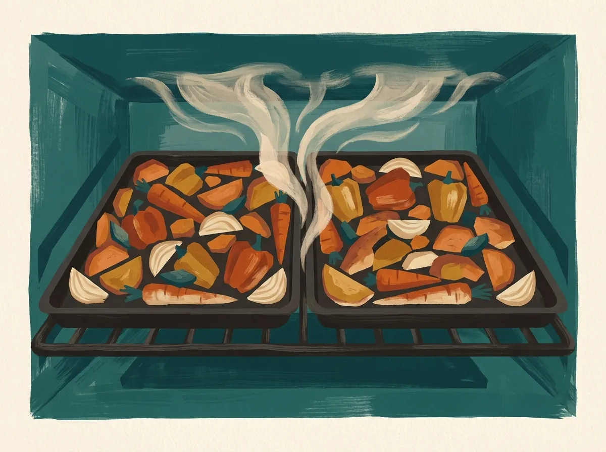 Two overcrowded baking sheets blocking airflow in the oven, with trapped steam preventing browning