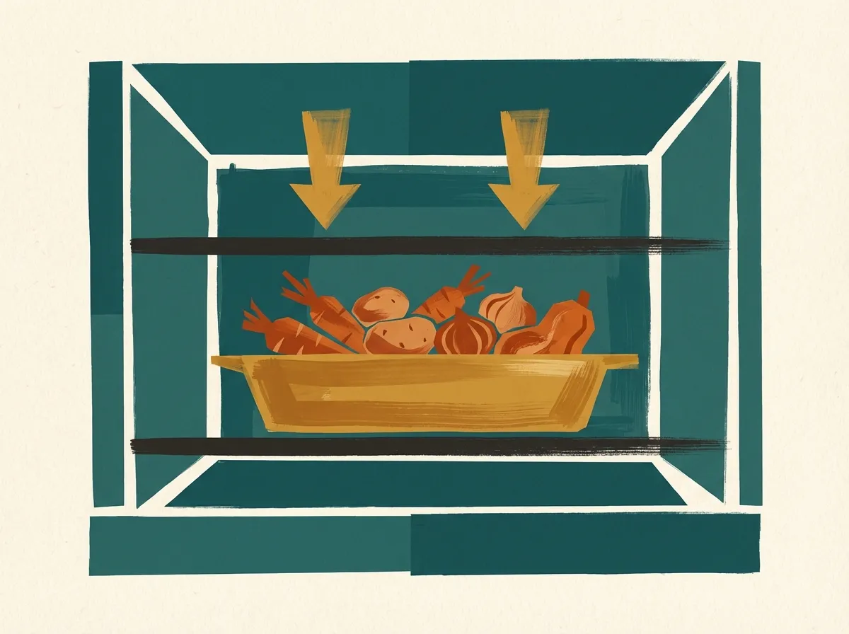 Oven interior showing three rack positions with food correctly placed on the middle rack