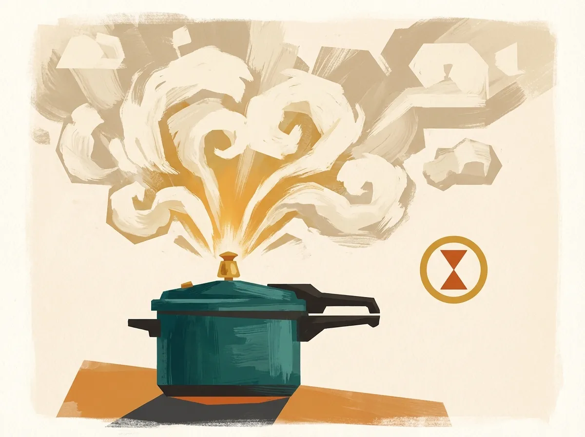 Pressure cooker with steam violently releasing from the valve — showing what happens when you quick-release a braise