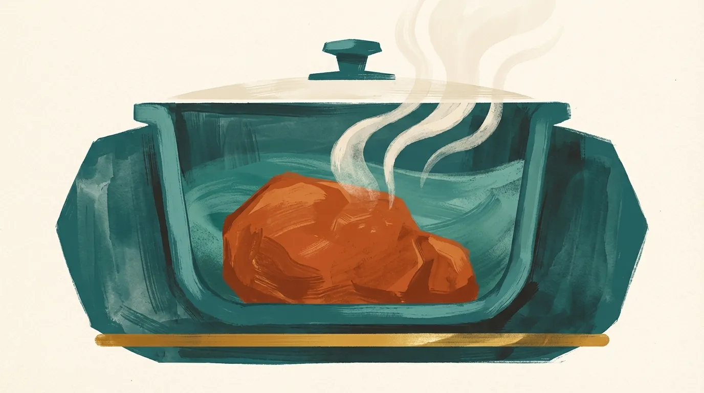 Cross-section of a slow cooker showing the ceramic insert, heating element band, glass lid, and gentle steam circulation inside