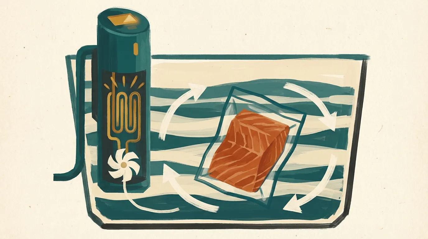 Cross-section of a sous-vide setup showing the immersion circulator, water circulation, and vacuum-sealed food in the bath
