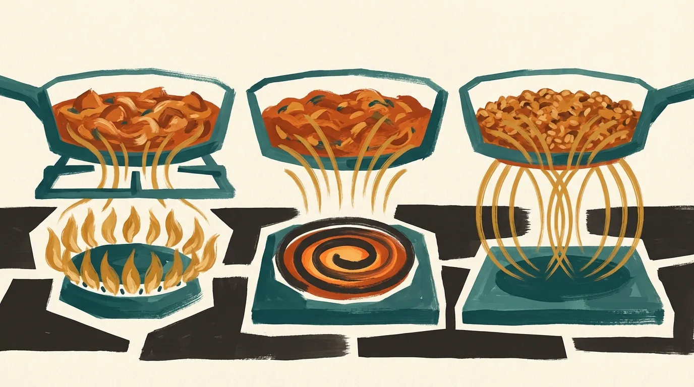 Cross-section showing the three burner types and how each transfers heat to the pan
